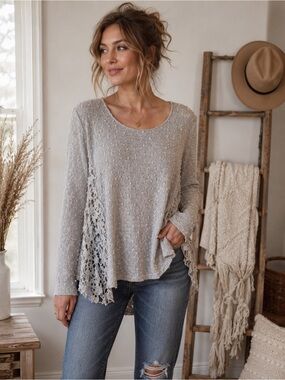 A’reve Boho Crochet Lace Tunic Top Medium Gray Textured Long Sleeve Cottagecore